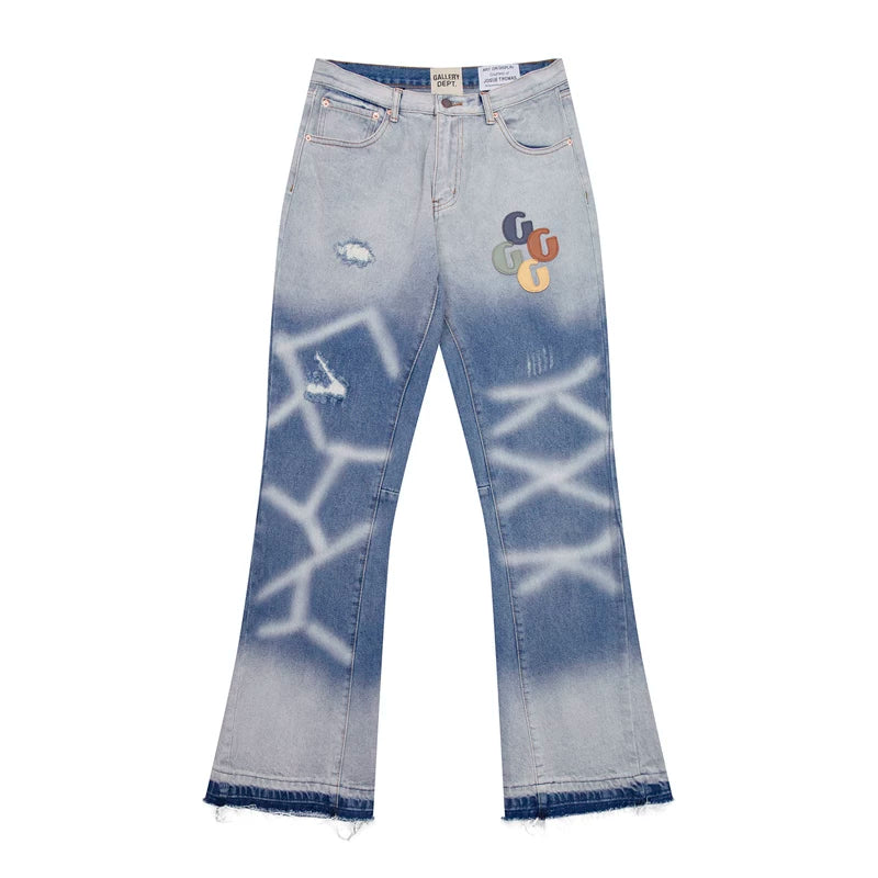 European and American fashion brand Gallery Dep splicing leather label water ripple washed blue distressed splicing micro flared jeans