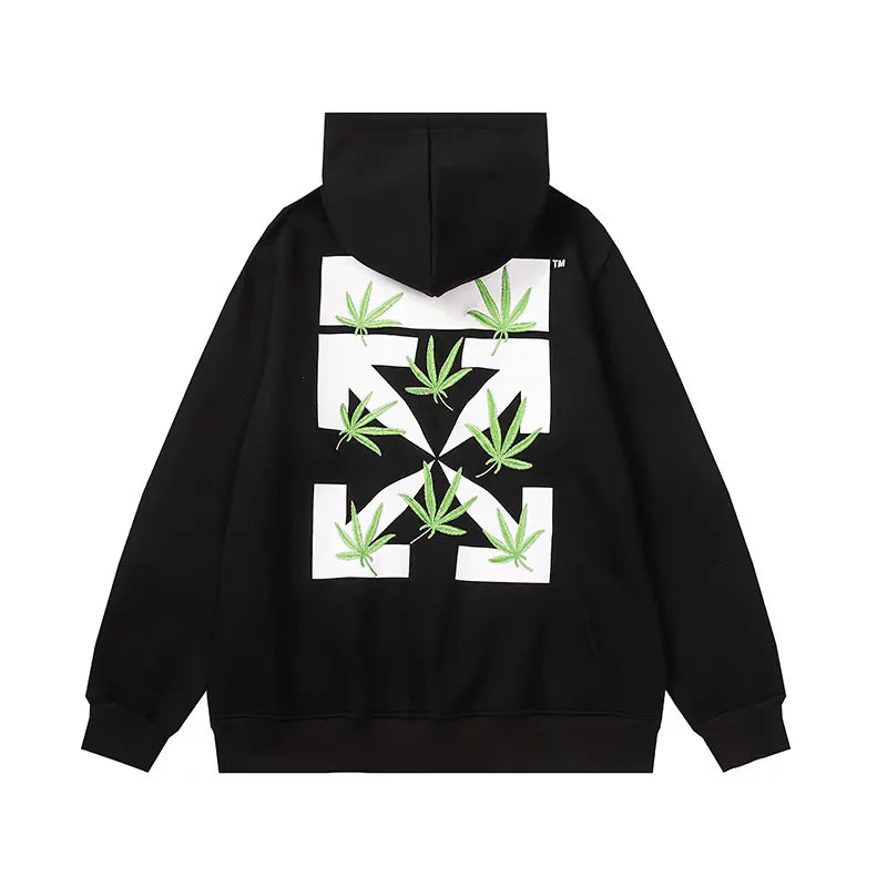 美式潮牌OFF警戒线WO枫叶箭头连帽加绒卫衣男女情侣百搭宽松上衣