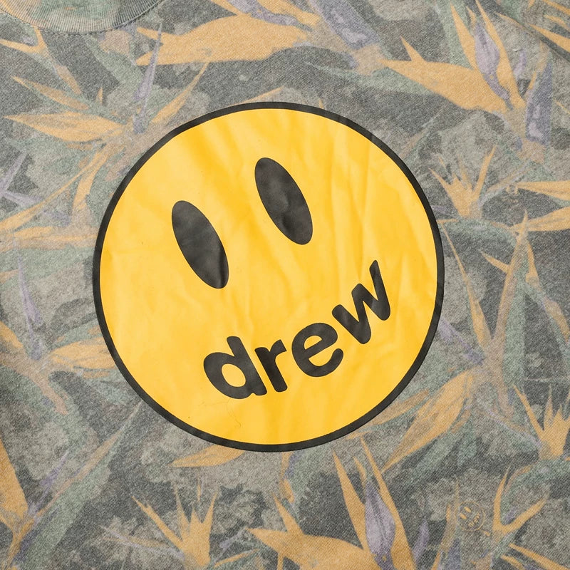 European and American fashion brand Drew's new smiley face leaf print short sleeved T-shirt for summer unisex loose cotton top