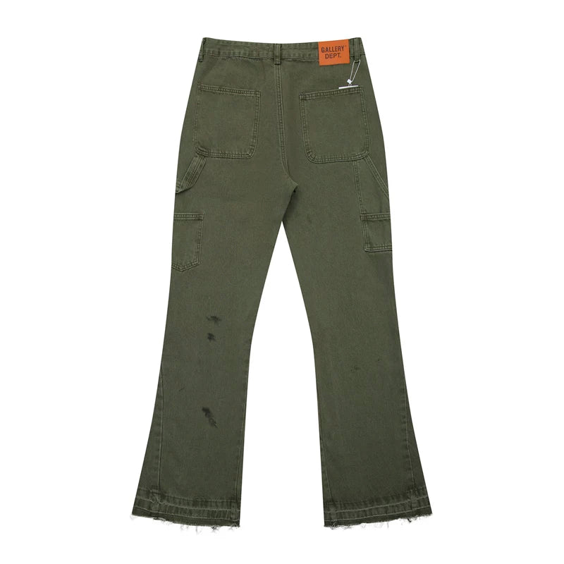 European and American fashion brand Gallery Dep splashed ink washed military green splicing micro flared jeans versatile casual pants