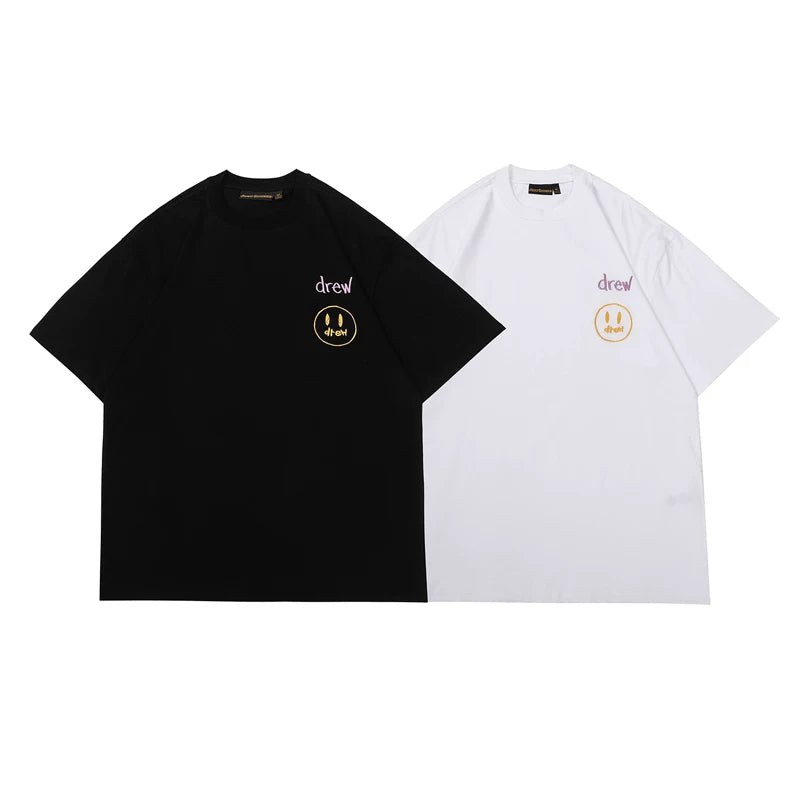 European and American fashion brand Drew's new embroidered smiling face printed short sleeved T-shirt for men and women in summer, versatile loose top for couples