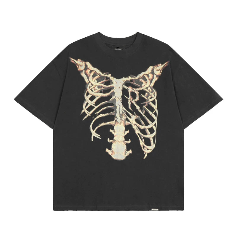 REPRESENT Retro Skeleton Printed Hole Short Sleeve T-shirt for European and American Trendy Brands Summer Men's and Women's Trendy Loose Half Sleeve