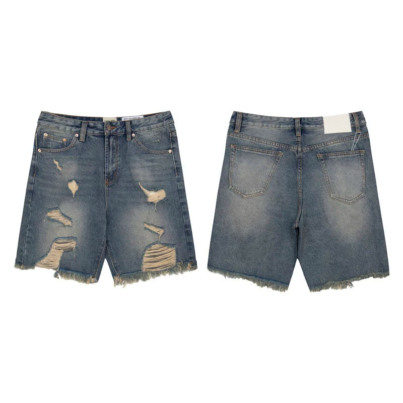 European and American fashion brand Gallery Dep ripped, washed denim shorts, knife cut tassel, retro casual pants