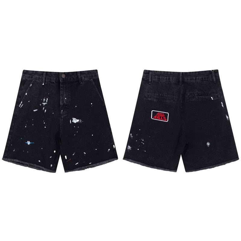European and American fashion brand Gallery Dep retro splashed ink embroidered logo black denim shorts casual pants cropped pants