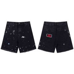 European and American fashion brand Gallery Dep retro splashed ink embroidered logo black denim shorts casual pants cropped pants