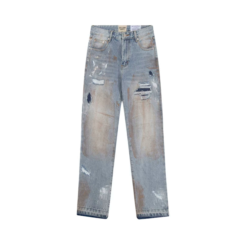 European and American fashion brand Gallery Dep vintage dirty and dirty style, splashed paint, ripped holes, washed water, straight leg, bound leg jeans