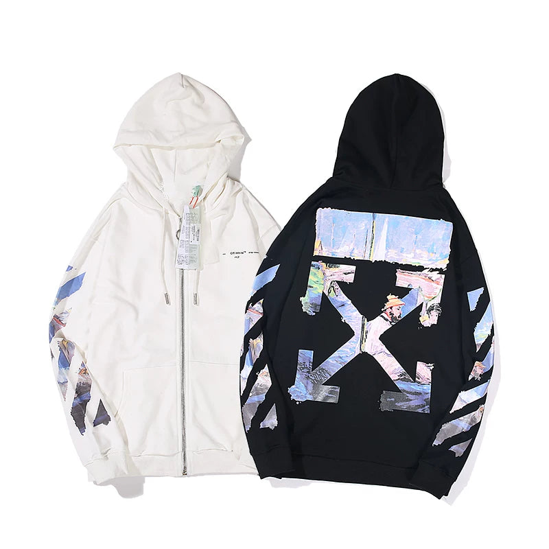 European and American fashion brand OFF warning line WO zipper hooded thin hoodie oil painting arrow versatile loose jacket for couples