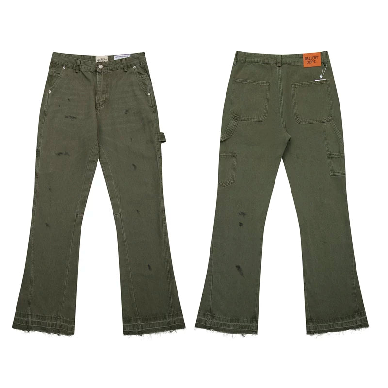 European and American fashion brand Gallery Dep splashed ink washed military green splicing micro flared jeans versatile casual pants
