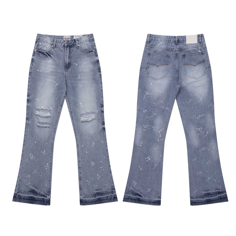 Gallery Dep, a trendy brand in Europe and America, features ink splatter, hole cutting, water washing, blue micro flared jeans, versatile casual pants