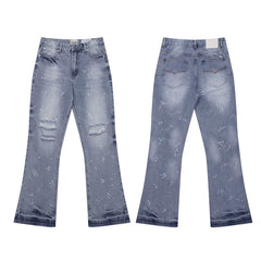Gallery Dep, a trendy brand in Europe and America, features ink splatter, hole cutting, water washing, blue micro flared jeans, versatile casual pants