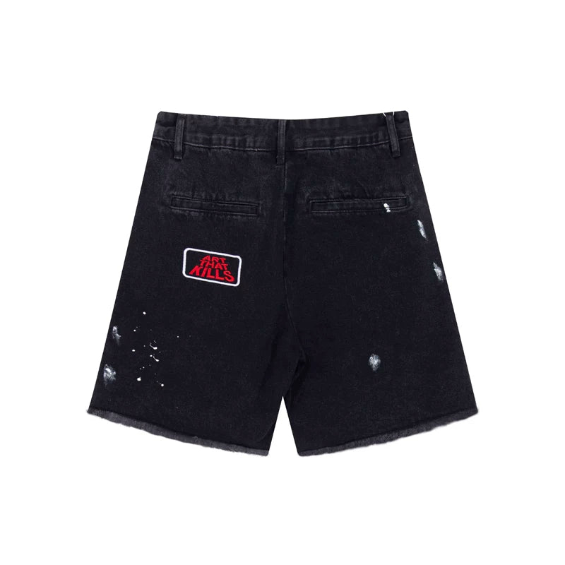 European and American fashion brand Gallery Dep retro splashed ink embroidered logo black denim shorts casual pants cropped pants