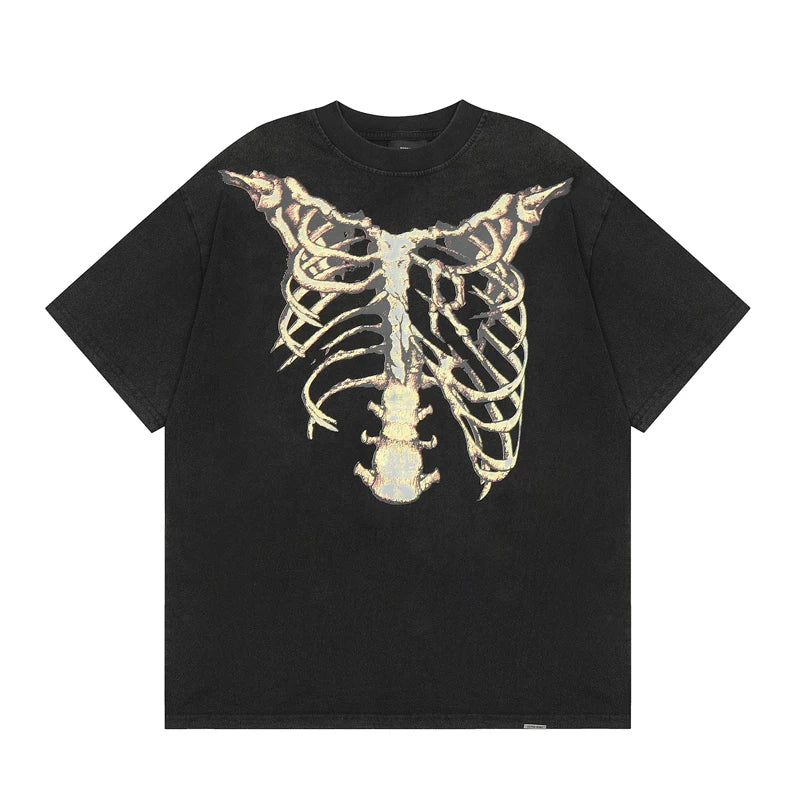 REPRESENT Retro Skeleton Printed Hole Short Sleeve T-shirt for European and American Trendy Brands Summer Men's and Women's Trendy Loose Half Sleeve