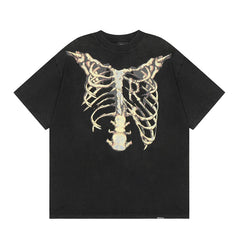 REPRESENT Retro Skeleton Printed Hole Short Sleeve T-shirt for European and American Trendy Brands Summer Men's and Women's Trendy Loose Half Sleeve