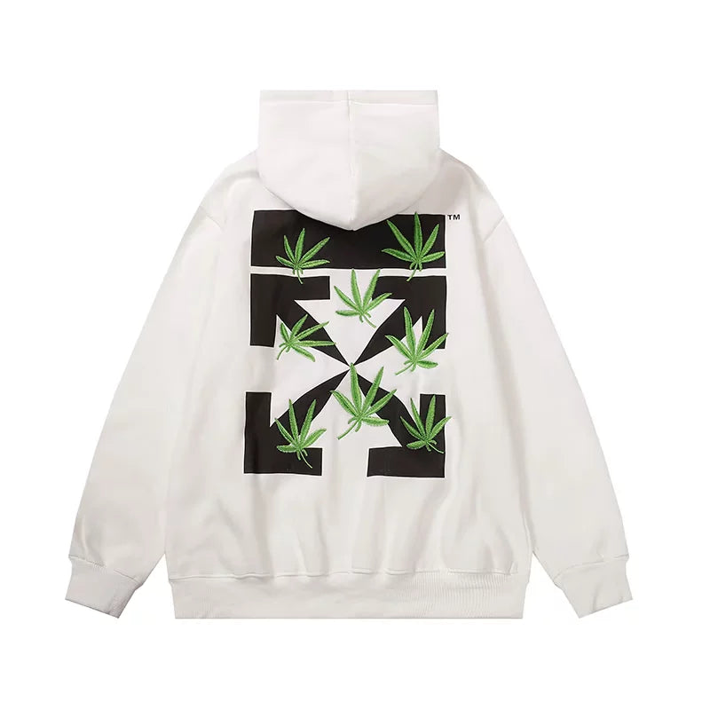 美式潮牌OFF警戒线WO枫叶箭头连帽加绒卫衣男女情侣百搭宽松上衣