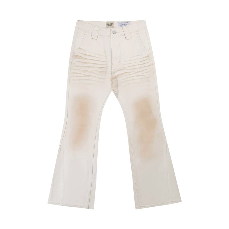 European and American fashion brand Gallery Dep dirty, wind, mud, dyed, used, washed, off white, spliced, slightly flared denim pants