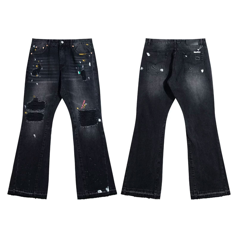 European and American fashion brand Gallery Dep splashed ink, ripped holes, washed water, black patchwork micro flared jeans, retro casual pants