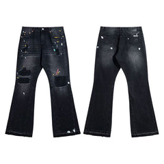 European and American fashion brand Gallery Dep splashed ink, ripped holes, washed water, black patchwork micro flared jeans, retro casual pants