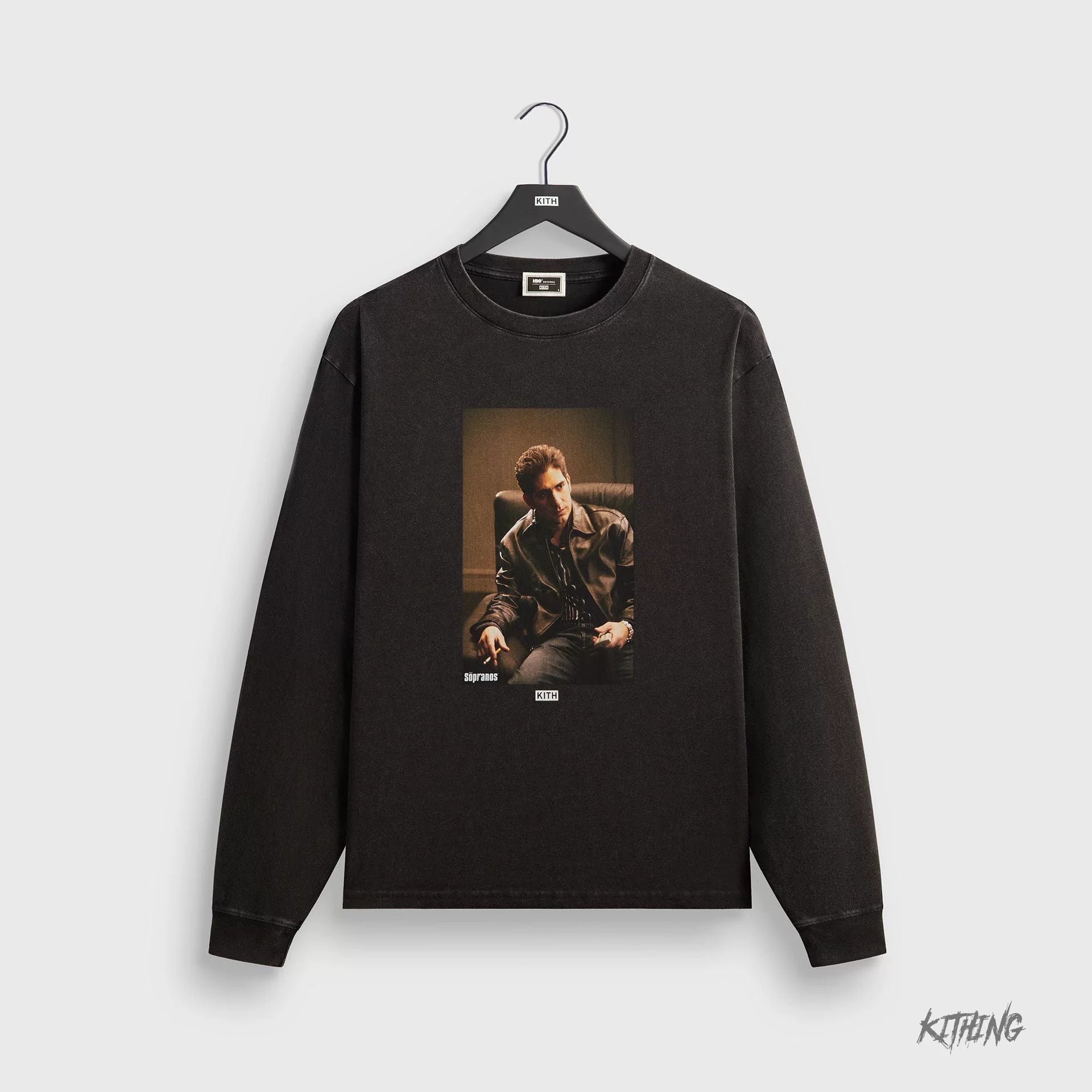 Kith collaborates with Sopranos mafia family for trendy, loose, retro, vintage men's fashion, heavyweight long sleeved T-shirt