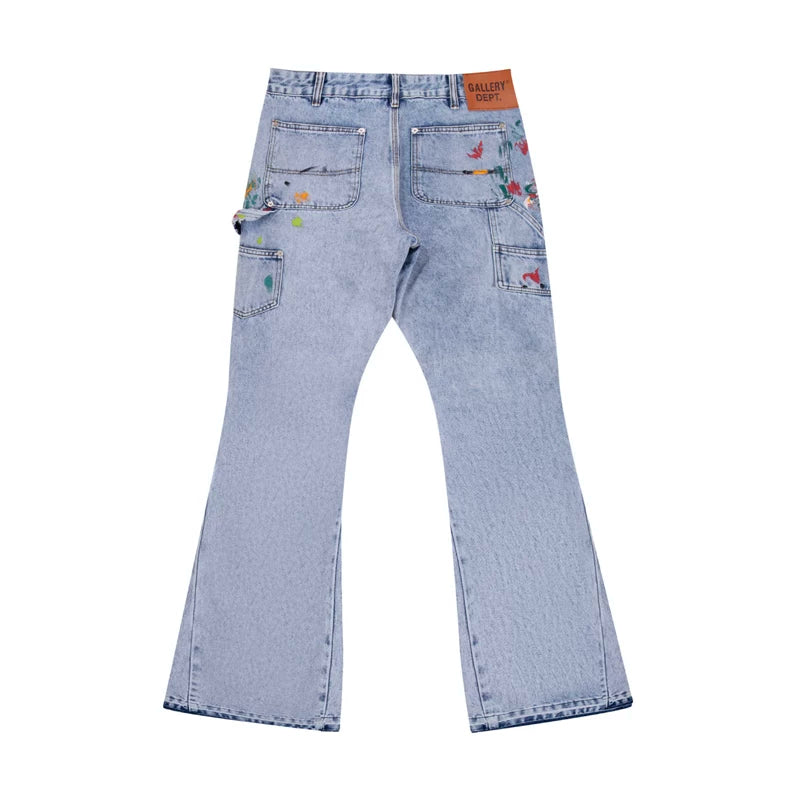 European and American fashion brand Gallery Dep ink splatter patch splicing cloth washed blue splicing micro pull denim pants