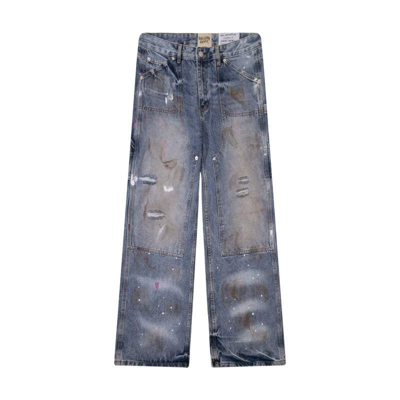 Gallery Dep, a trendy brand in Europe and America, is doing old, splashed paint, torn holes, dirty, dirty, Feng Shui washed, mud dyed, lumberjack clothes, jeans