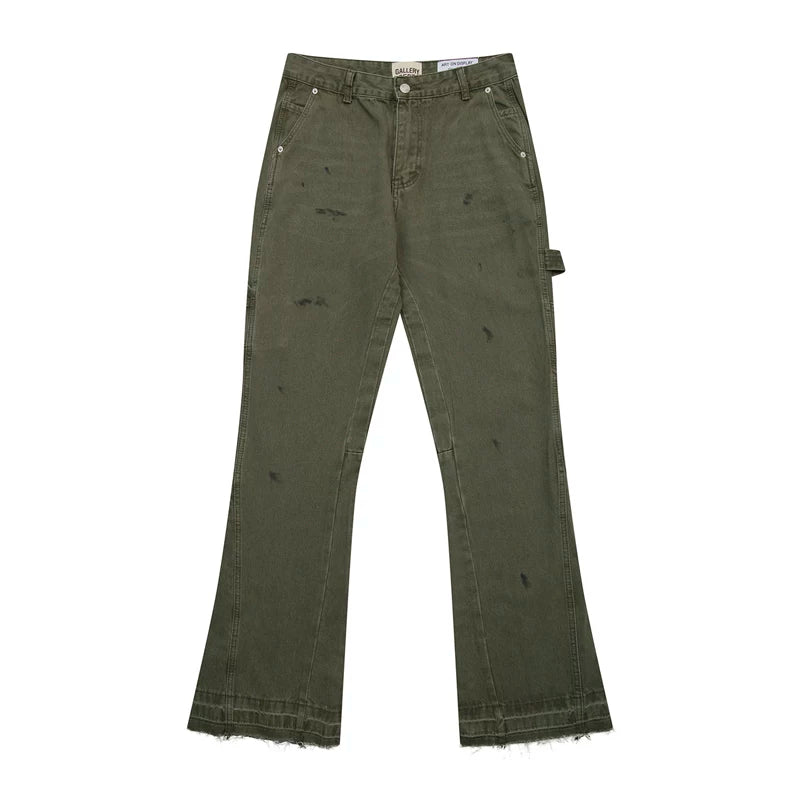 European and American fashion brand Gallery Dep splashed ink washed military green splicing micro flared jeans versatile casual pants