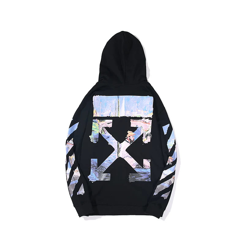 European and American fashion brand OFF warning line WO zipper hooded thin hoodie oil painting arrow versatile loose jacket for couples