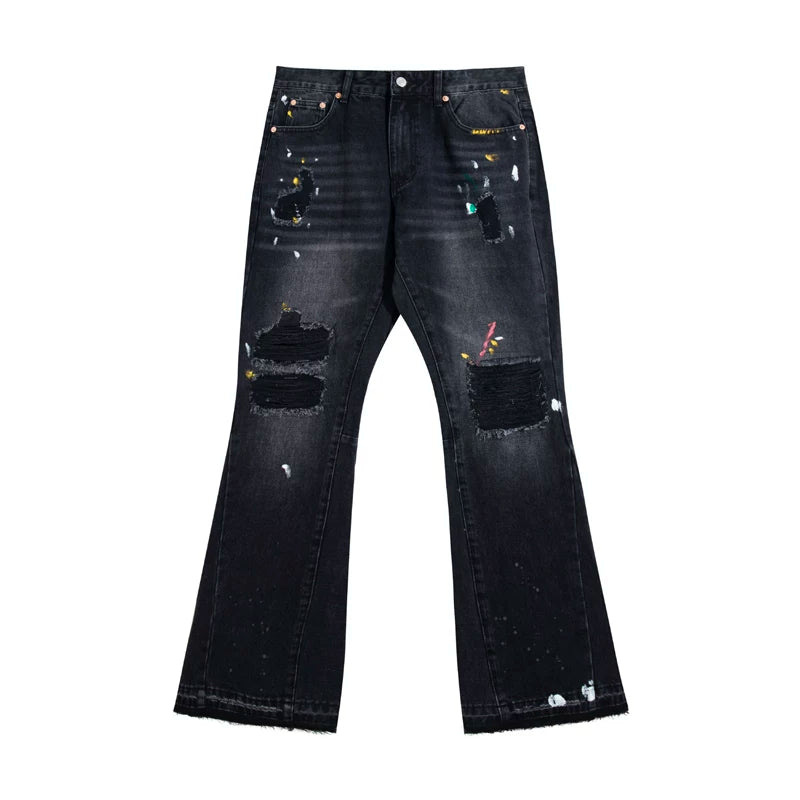 European and American fashion brand Gallery Dep splashed ink, ripped holes, washed water, black patchwork micro flared jeans, retro casual pants