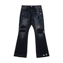 European and American fashion brand Gallery Dep splashed ink, ripped holes, washed water, black patchwork micro flared jeans, retro casual pants