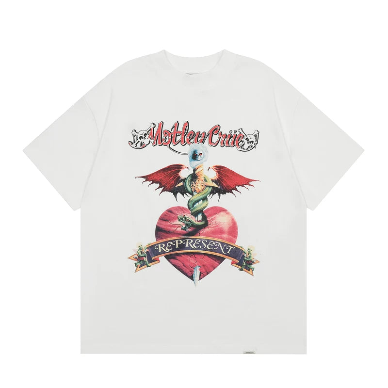 REPRESENT, a trendy European and American brand, features a heart-shaped skull print on a summer unisex loose and casual cotton short sleeved T-shirt