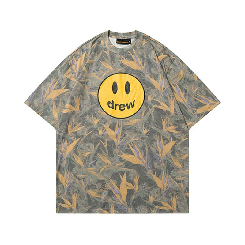 European and American fashion brand Drew's new smiley face leaf print short sleeved T-shirt for summer unisex loose cotton top