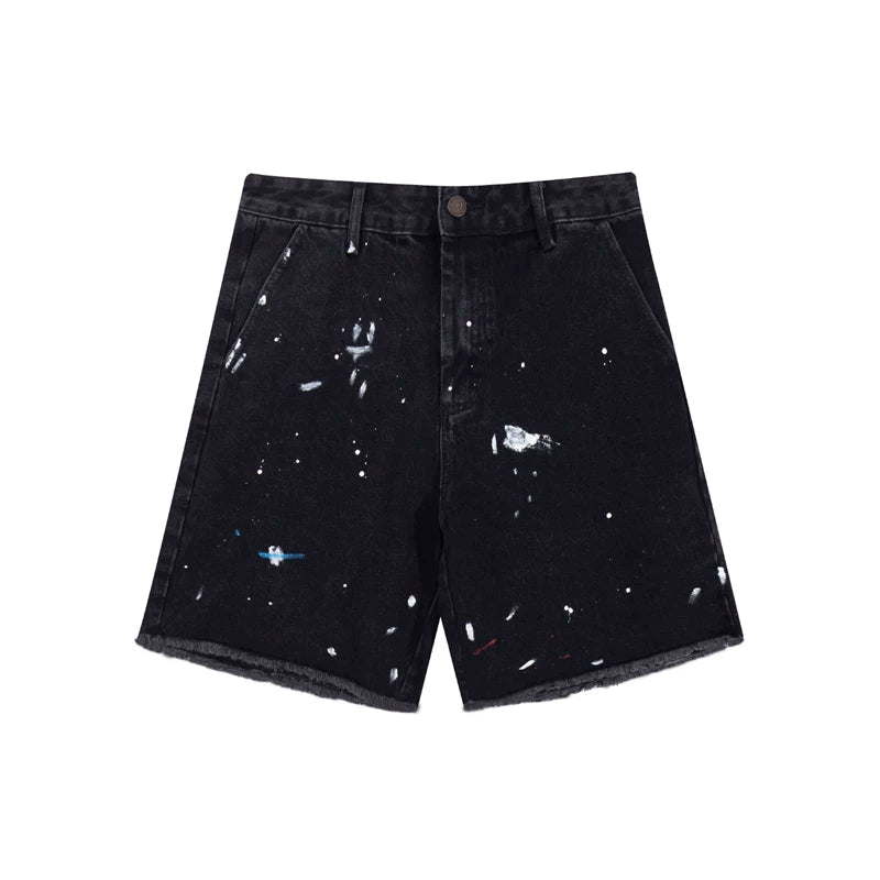 European and American fashion brand Gallery Dep retro splashed ink embroidered logo black denim shorts casual pants cropped pants