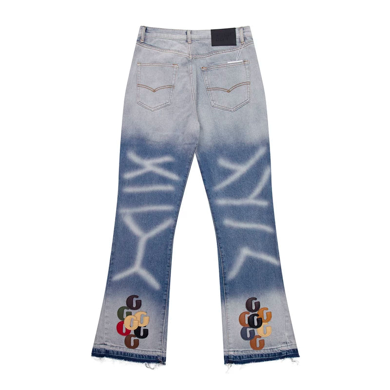 European and American fashion brand Gallery Dep splicing leather label water ripple washed blue distressed splicing micro flared jeans