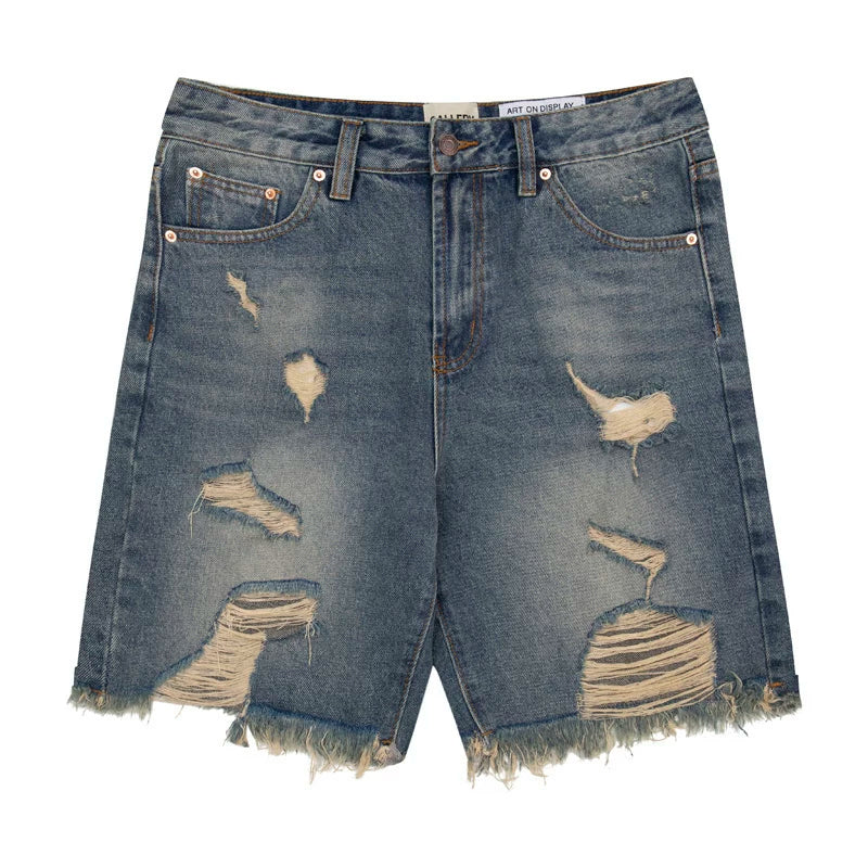 European and American fashion brand Gallery Dep ripped, washed denim shorts, knife cut tassel, retro casual pants