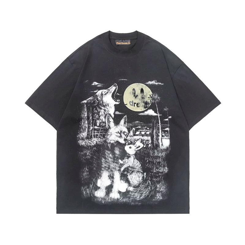 European and American trendy brand Drew smiley face animal world print retro distressed washed black high street loose short sleeved T-shirt tee